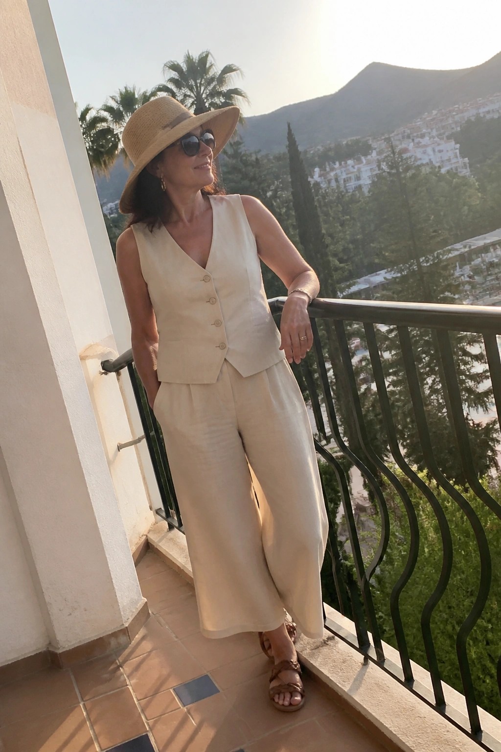 Woman in cream vest and wide pants with straw hat on sunny balcony