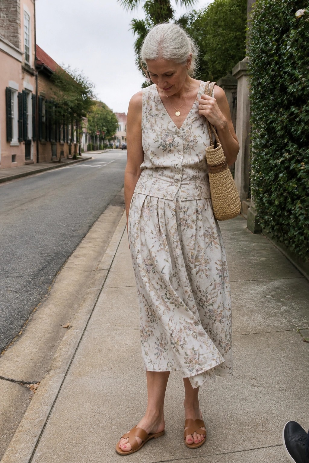Elderly woman in floral dress carrying woven straw bag on sidewalk