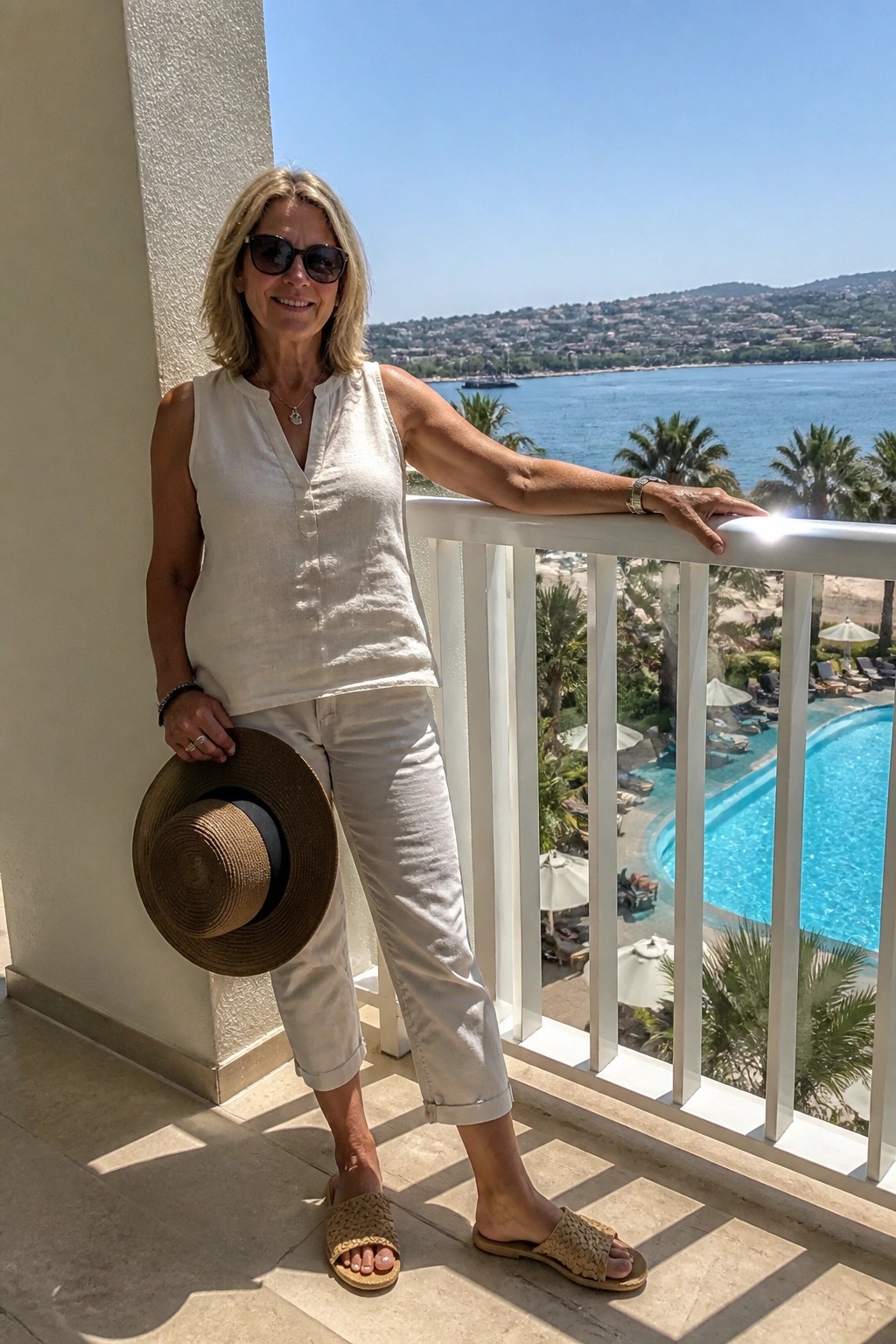 Smiling blonde woman in white outfit holding straw hat on sunny ocean-view balcony