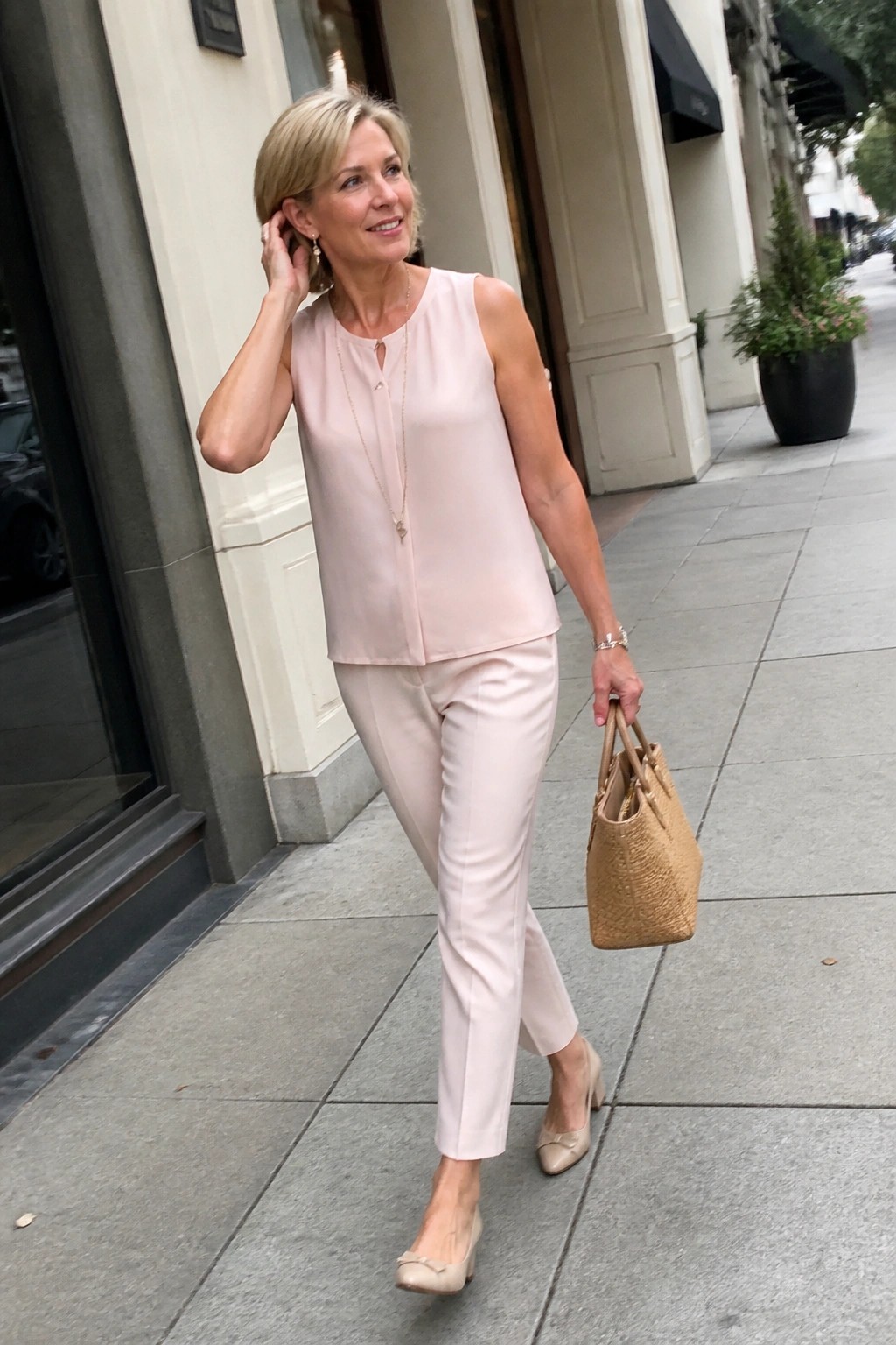 Blonde woman in light pink sleeveless top and pants holding woven handbag on sidewalk