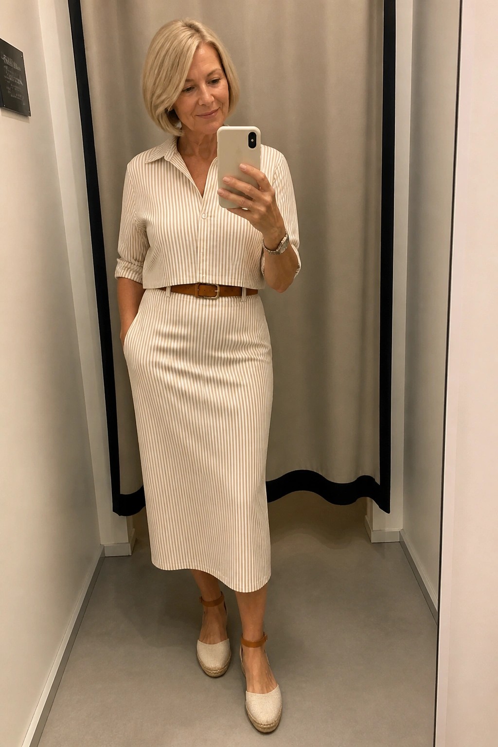 Blonde woman in striped shirt and skirt taking mirror selfie with phone