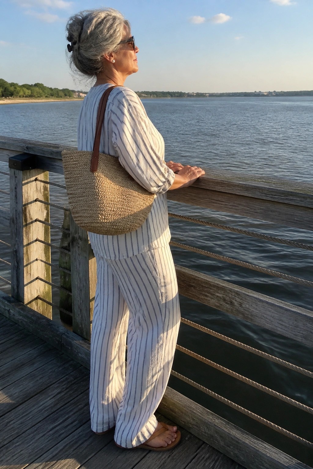 Woman in white and blue striped two piece outfit with loose pants and matching top carrying a straw woven bag.