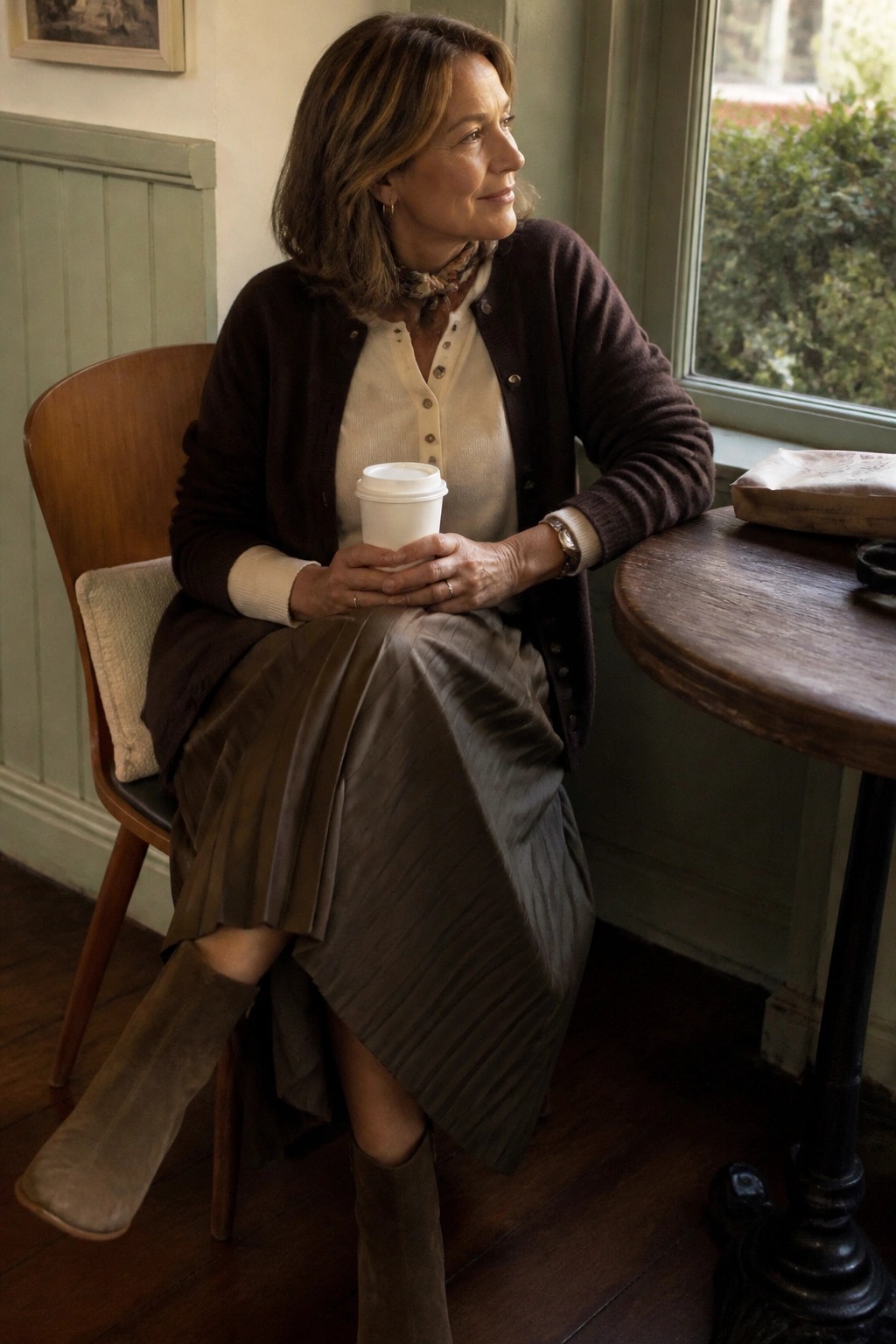 Woman in brown cardigan and gray pleated skirt holds white coffee cup by window