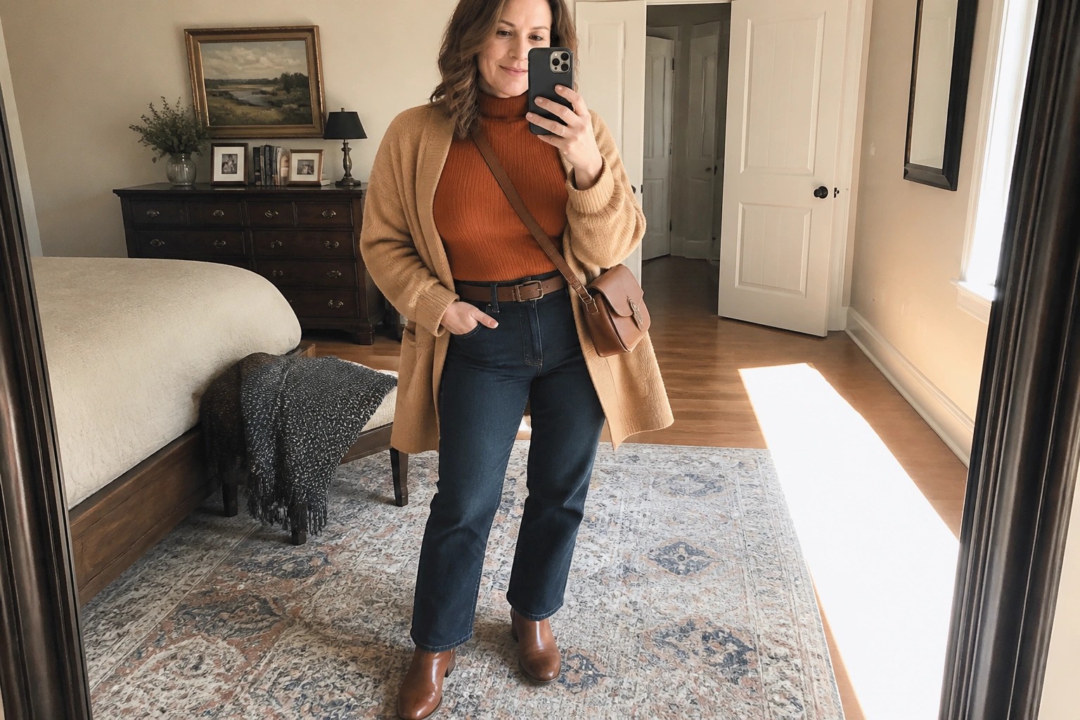 A woman wearing a rust turtleneck sweater under an open camel cardigan, paired with dark straight leg jeans, brown ankle boots, and a matching brown crossbody bag, shown in a full length mirror selfie.