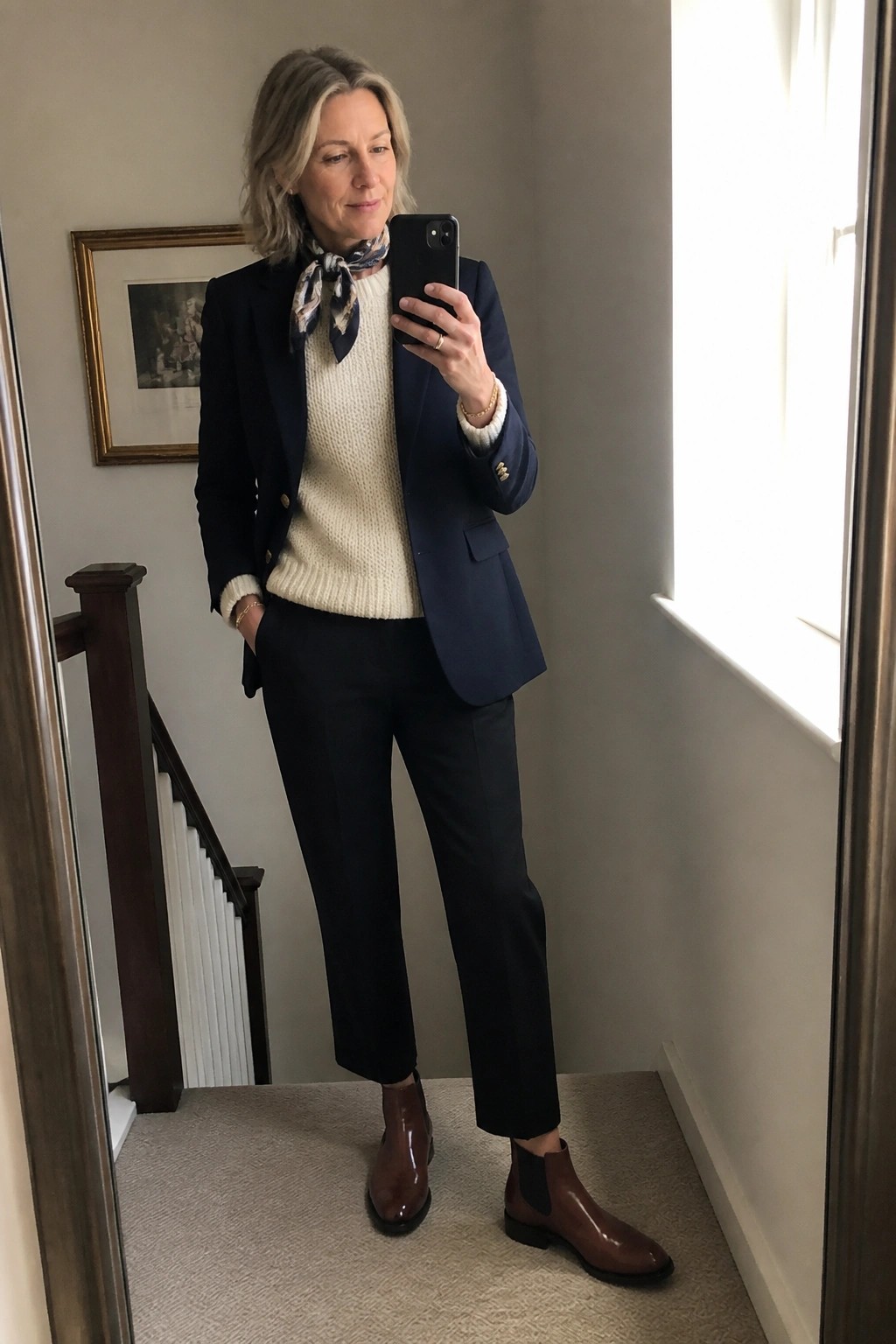 Woman in navy blazer, cream sweater, and brown boots taking mirror selfie