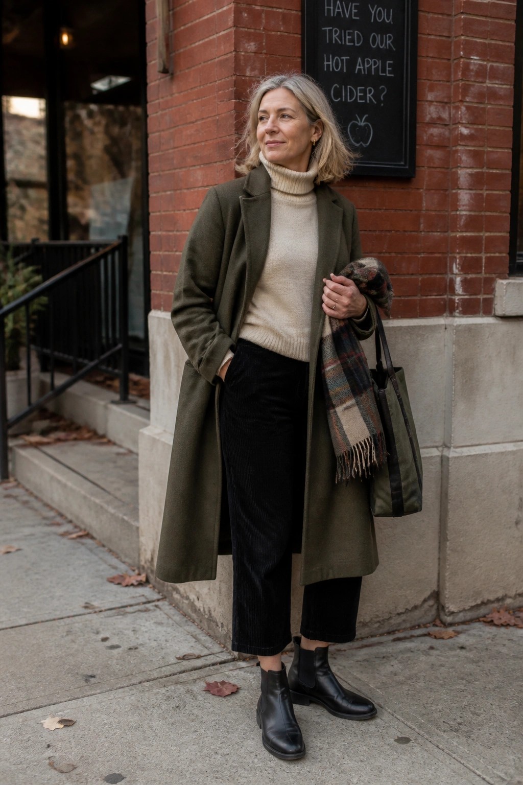 Woman in olive coat over beige turtleneck, black pants, holding plaid scarf and tote bag