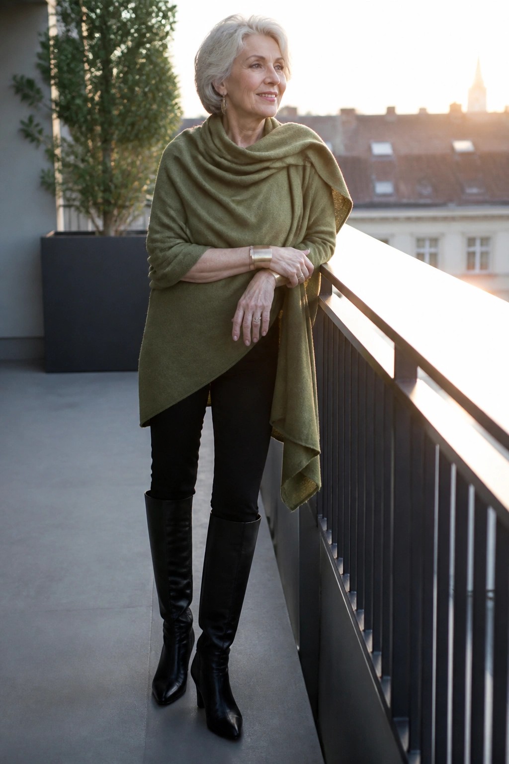 Woman over 50 in olive green draped wrap layered over black pants and tall black boots with gold cuff bracelet and rings.