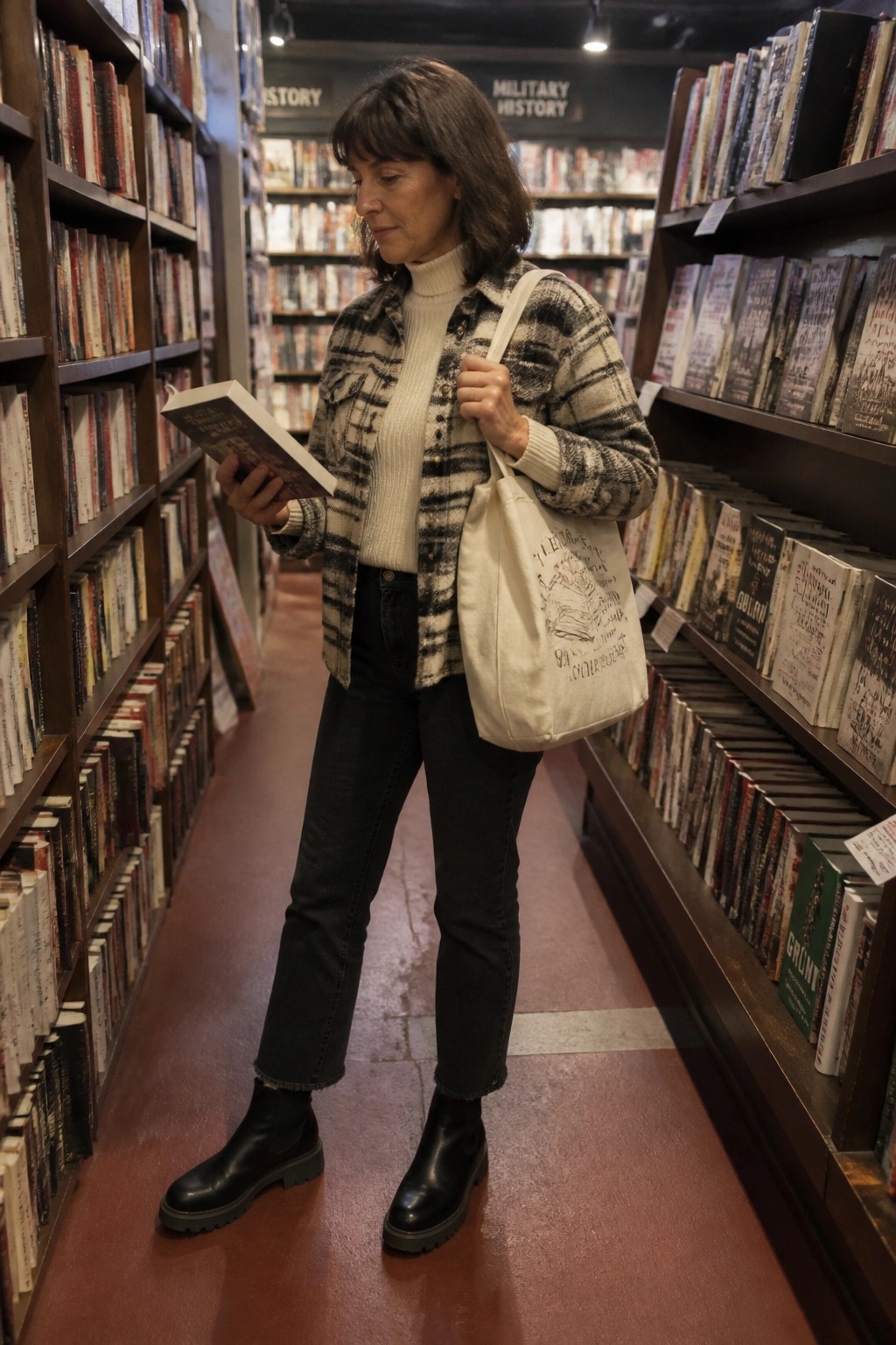 Woman in plaid jacket reads book with tote bag in bookstore aisle
