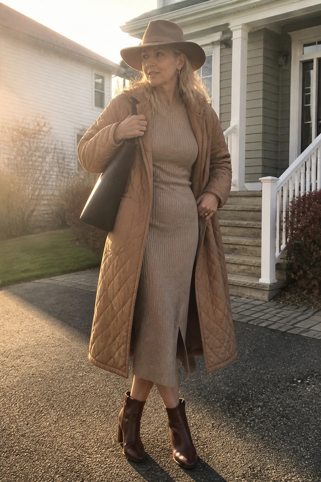 Woman in tan quilted coat over beige knit dress, wide hat, boots, holding tote bag outdoors