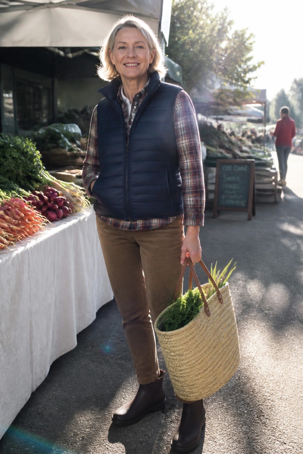 Woman over 50 wearing a navy quilted vest over a plaid shirt with brown corduroy pants and dark boots while holding a woven basket.