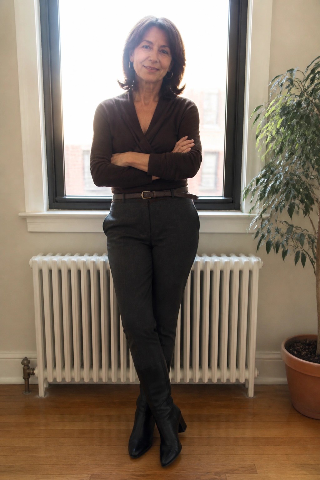 Woman in brown top and gray pants with black boots, arms crossed by window