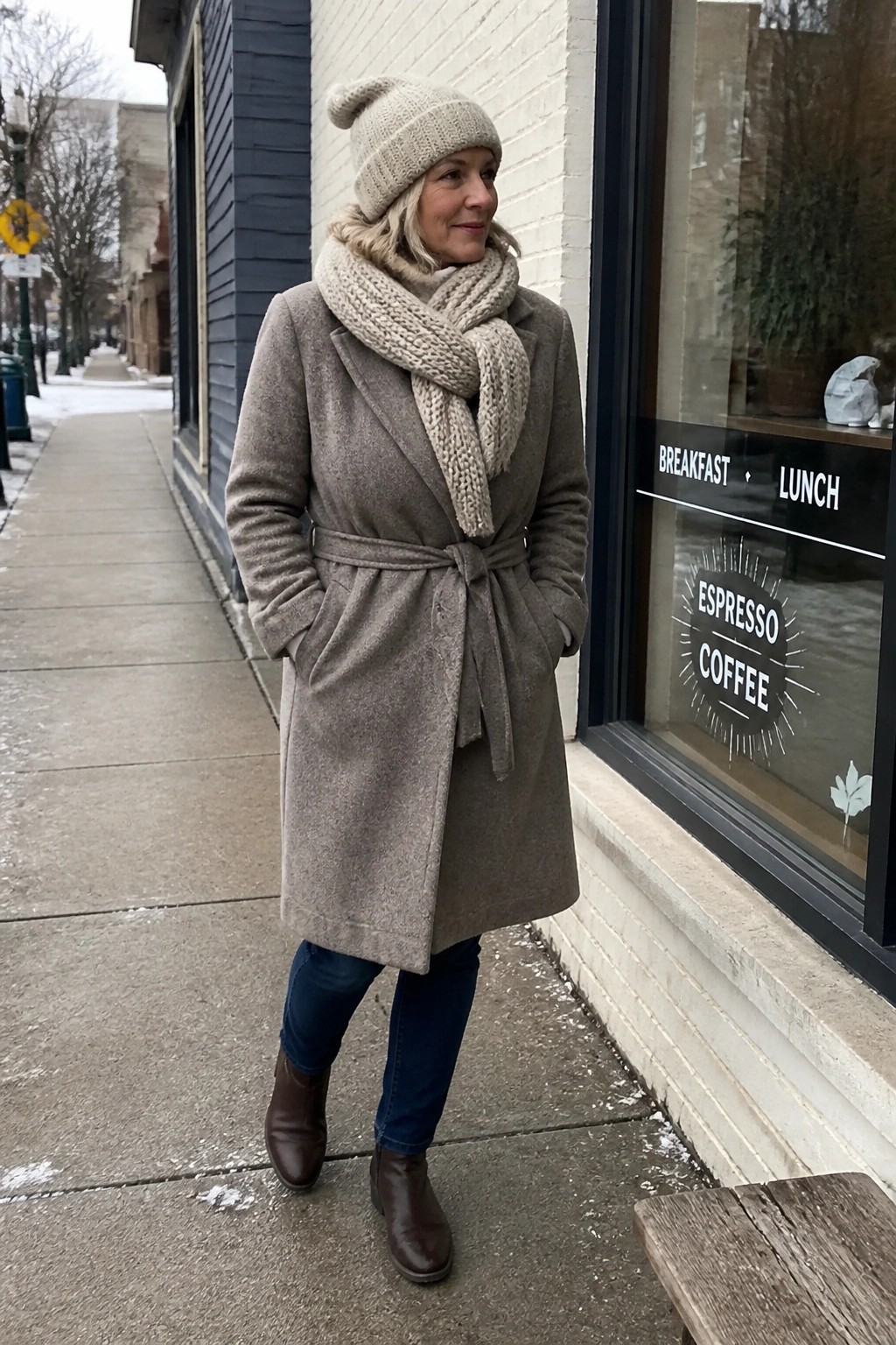 Woman over 50 wearing a taupe belted wool coat with a chunky beige knit scarf and matching beanie, blue jeans, and brown leather ankle boots standing on a sidewalk.
