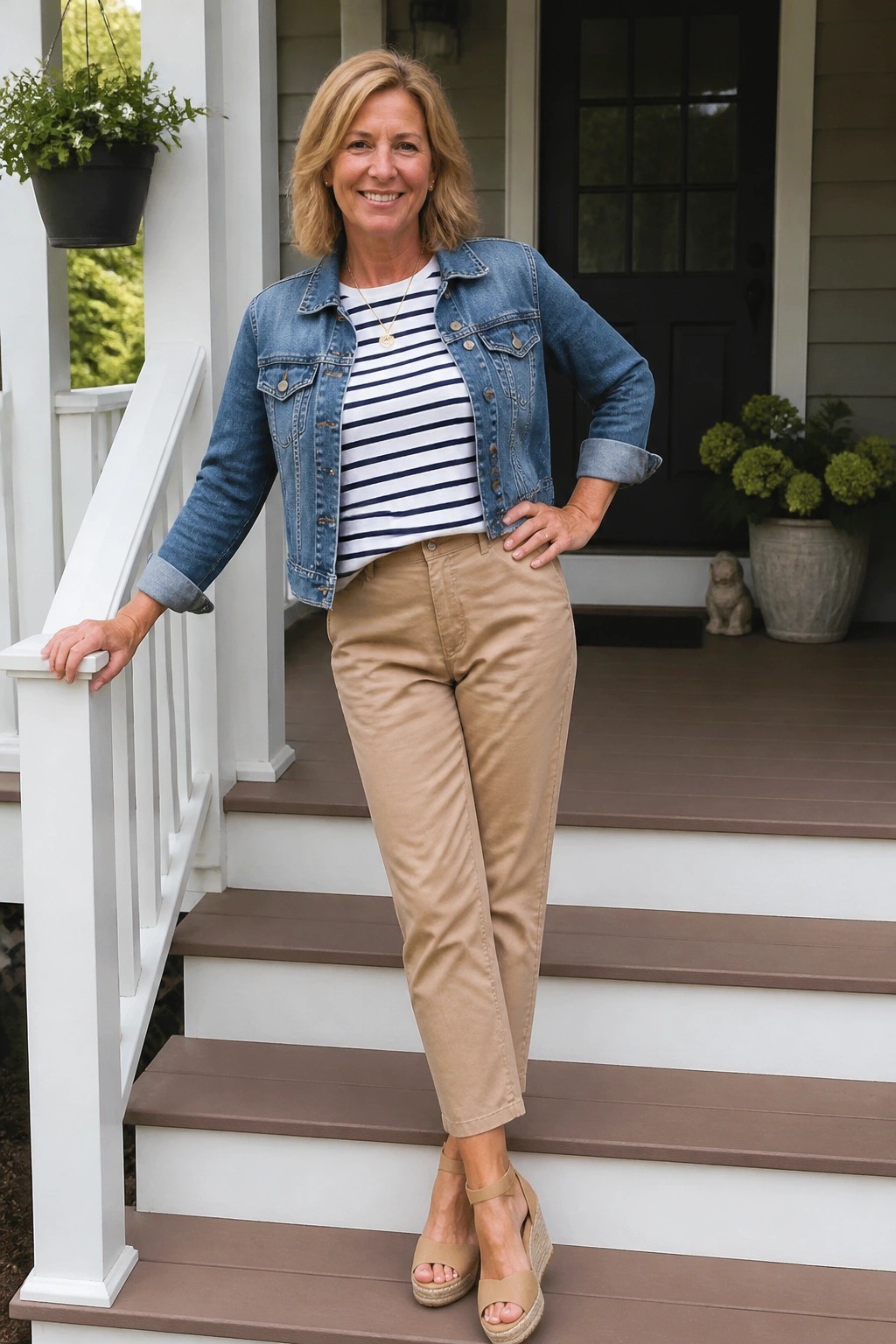Smiling blonde woman in denim jacket and khaki pants on wooden porch steps