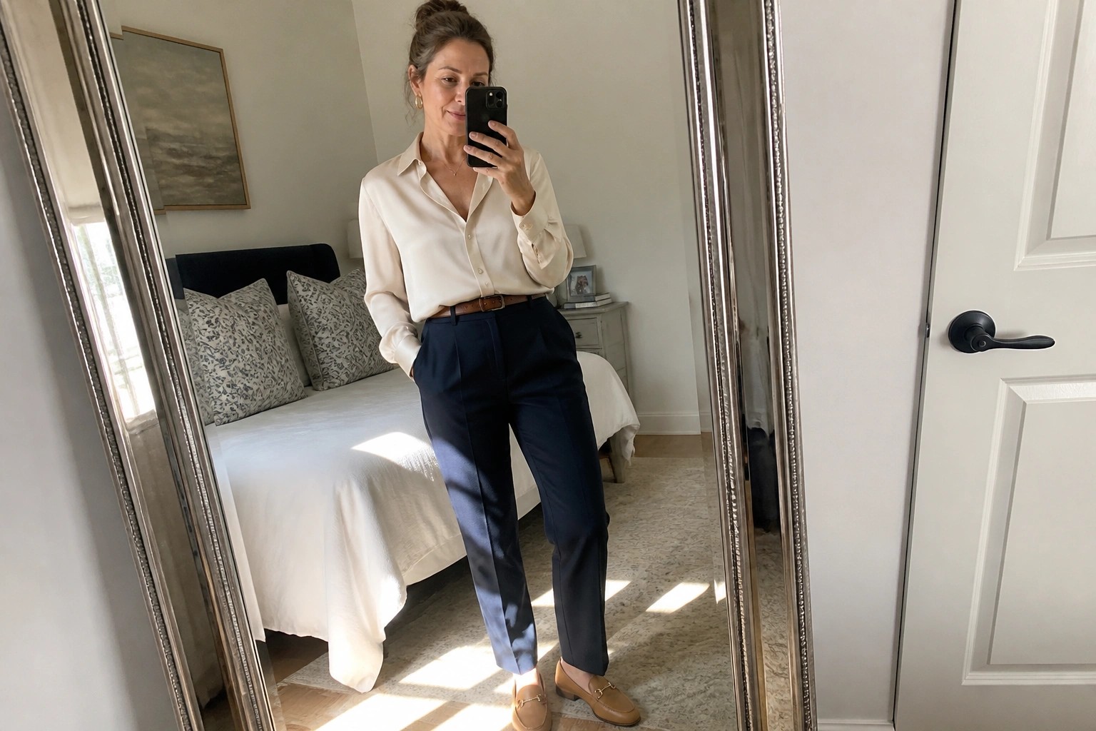 Woman in cream blouse and navy trousers taking bedroom mirror selfie