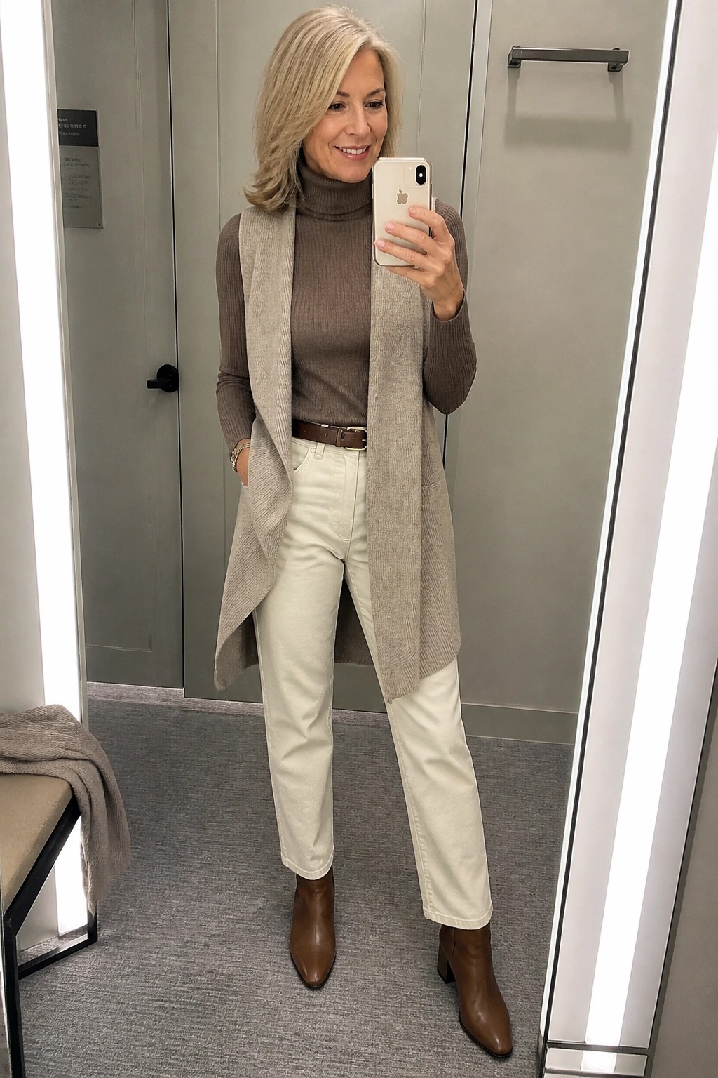 Woman in mirror selfie wearing taupe turtleneck, beige vest, white pants, brown boots