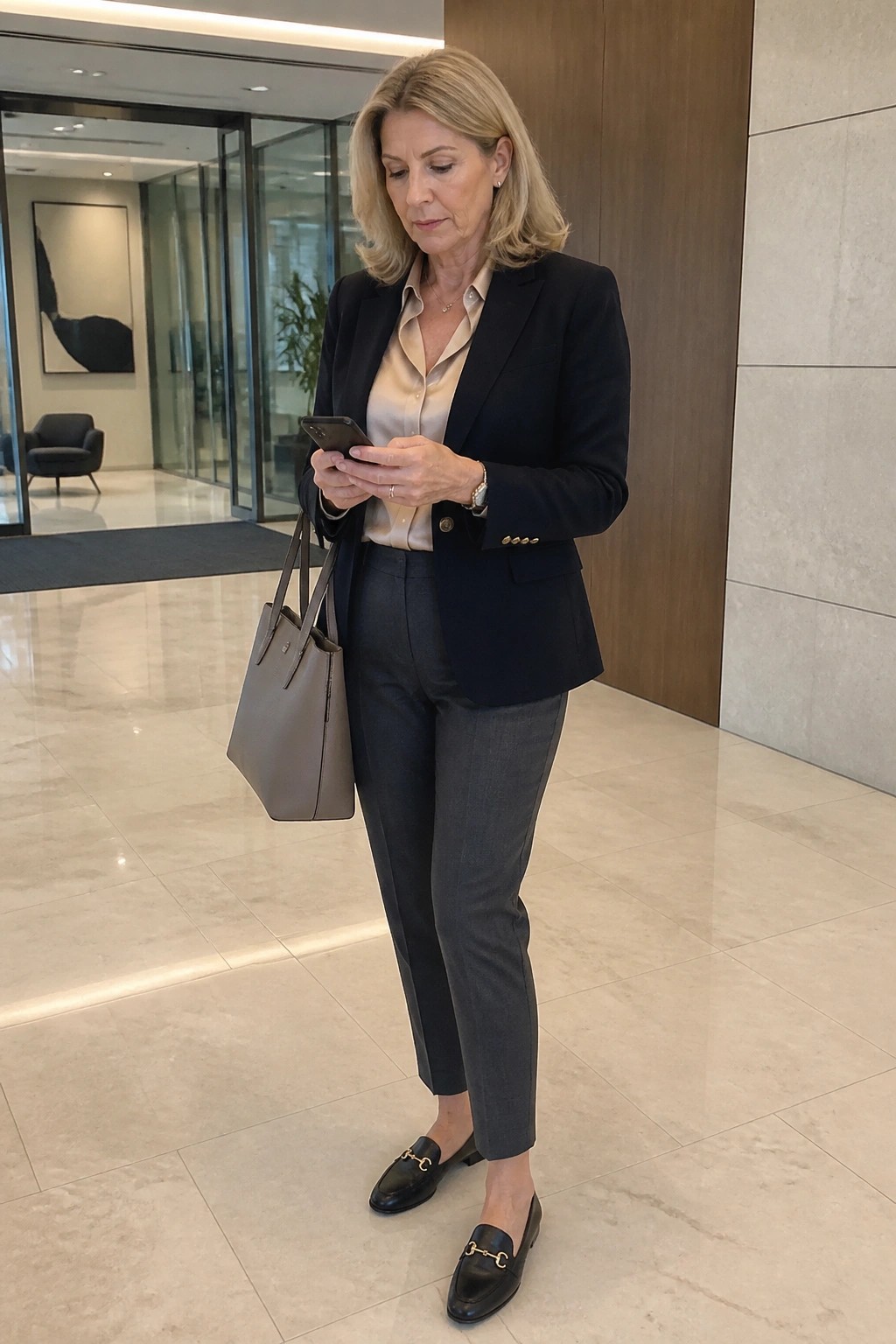 Blonde woman in black blazer and gray pants checks smartphone in modern lobby