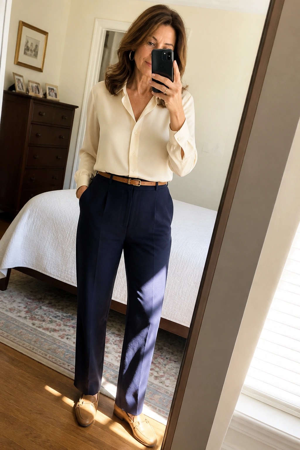 Woman in cream blouse and navy trousers taking bedroom mirror selfie