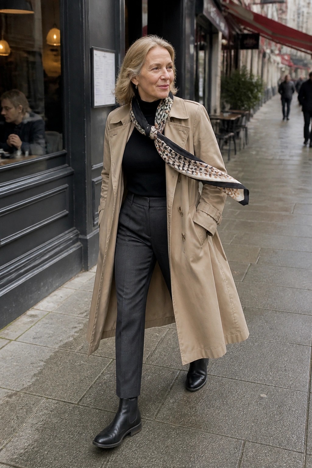 Woman in beige trench coat, black sweater, and patterned scarf on city sidewalk