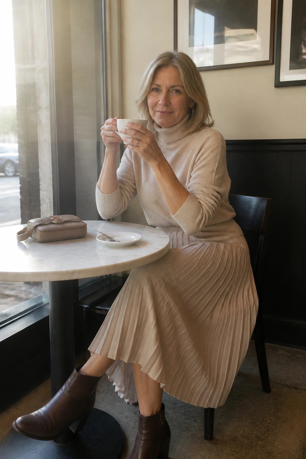 Woman in beige turtleneck and pleated skirt holding cup at marble cafe table