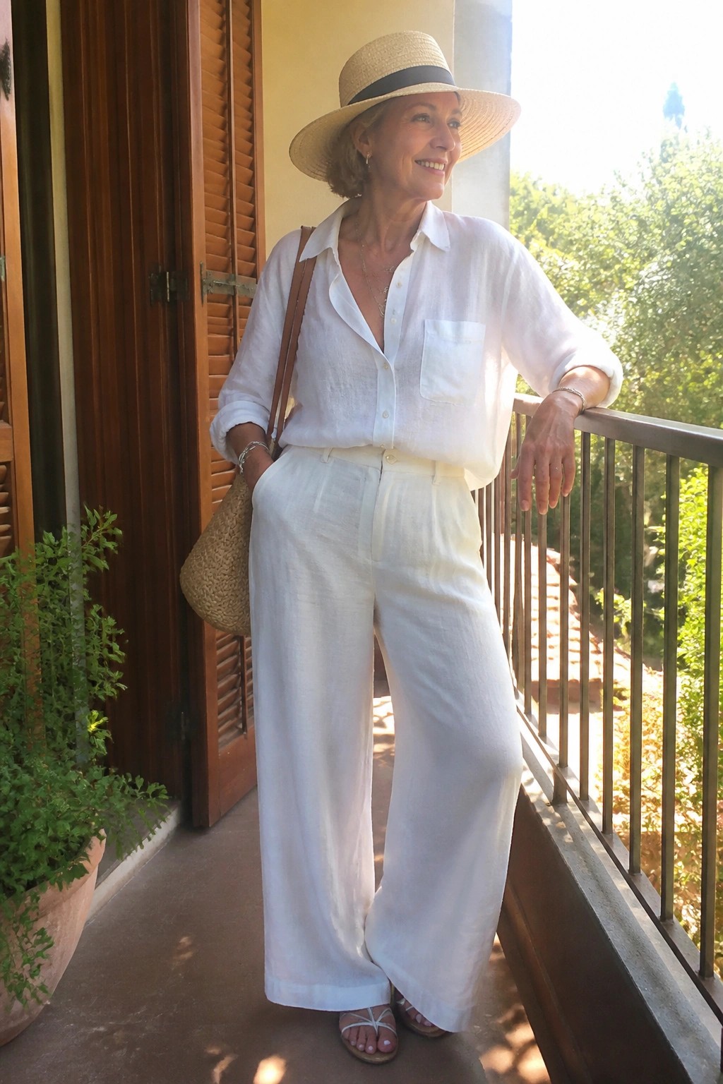 Smiling woman in white linen shirt and wide pants with straw hat on balcony