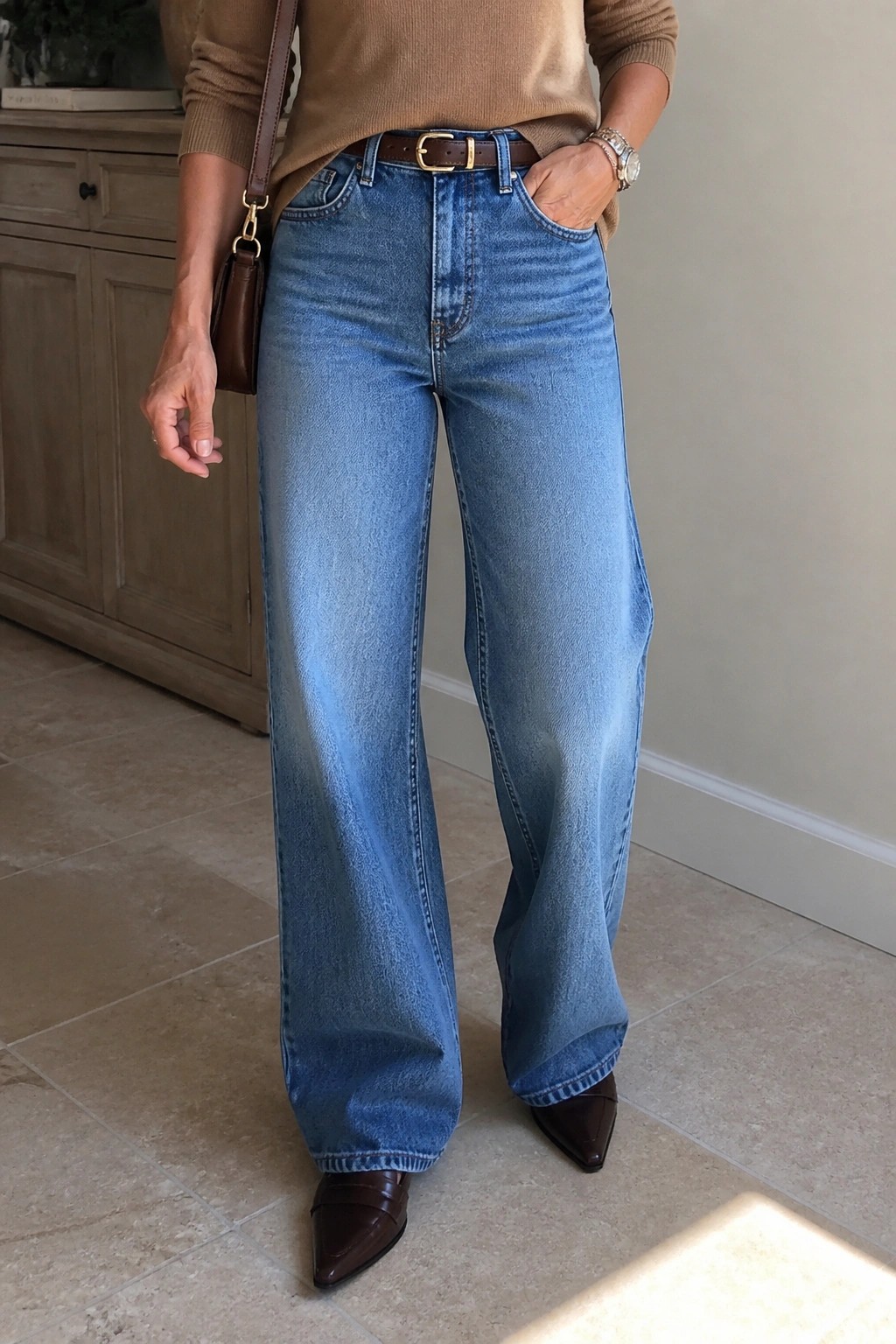 Woman in blue wide-leg jeans, brown sweater, leather belt, and pointed shoes.