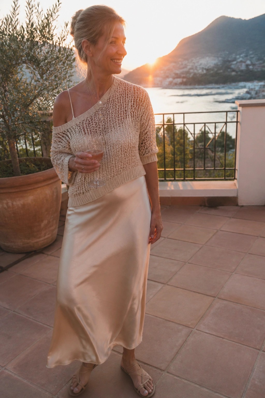 Woman in beige open-knit sweater and satin skirt holding wine on sunset terrace