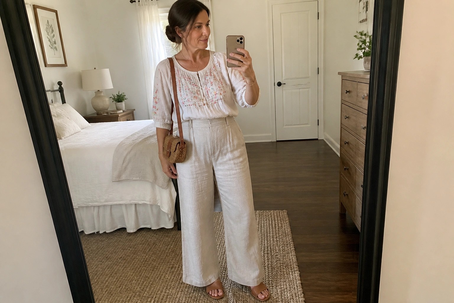 Woman wearing white linen wide leg pants with matching embroidered blouse and brown slide sandals holding a phone for a mirror selfie indoors