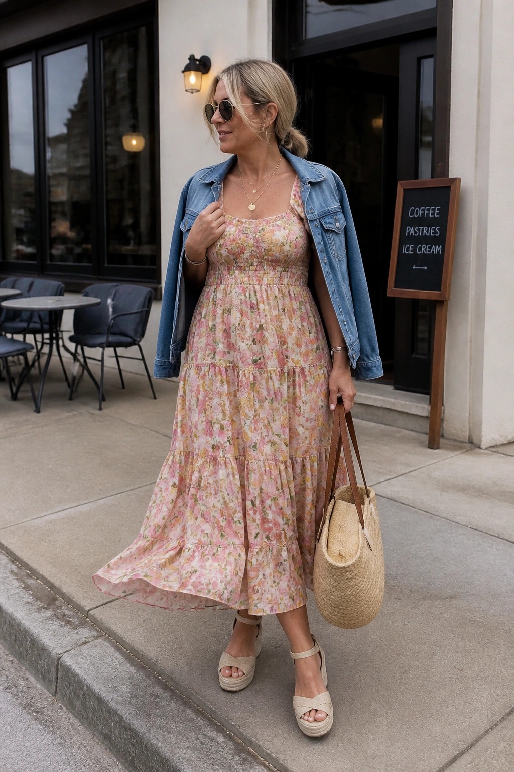 Woman in pink floral tiered dress with denim jacket holds straw bag outside cafe