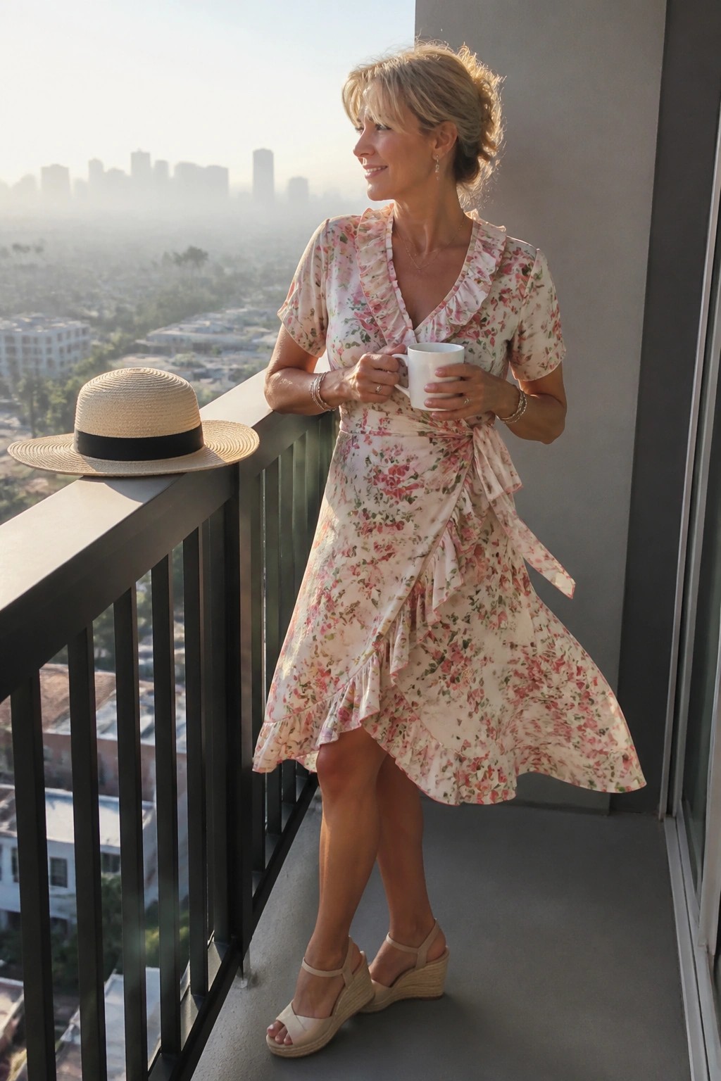 Woman in pink floral wrap dress holding mug on balcony with straw hat nearby