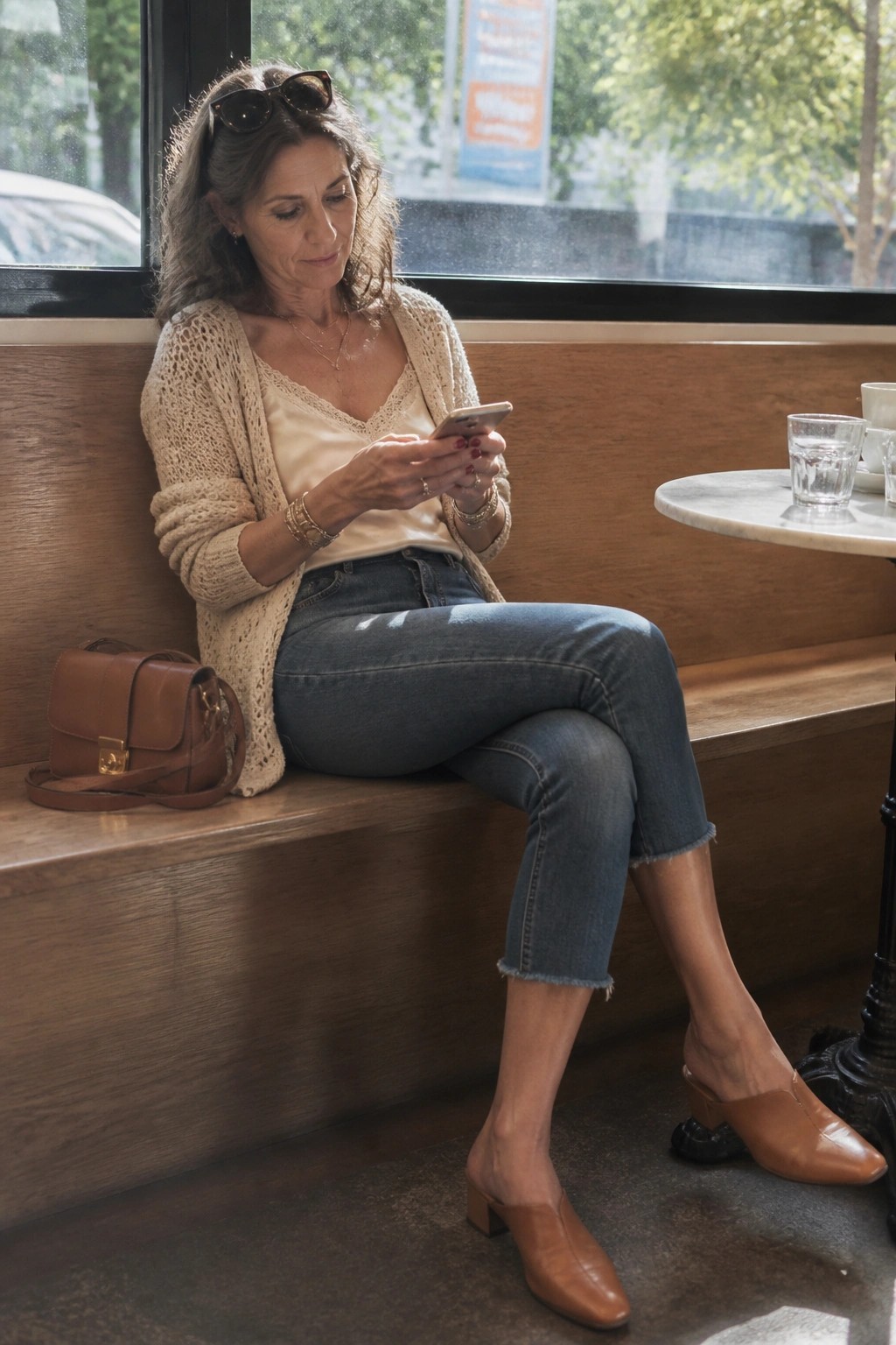 Woman in beige cardigan and jeans checking smartphone on wooden cafe bench
