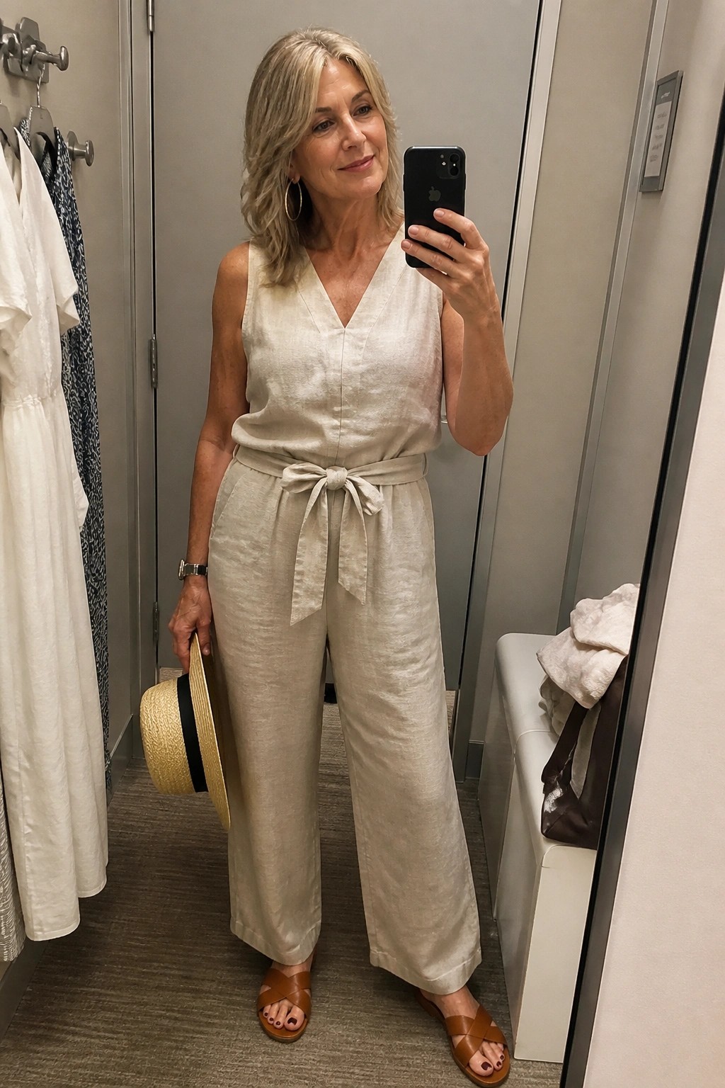 Woman over 50 wearing a beige linen sleeveless jumpsuit with tie belt and wide legs, holding a straw hat while taking a mirror selfie in a fitting room, paired with brown strappy sandals.