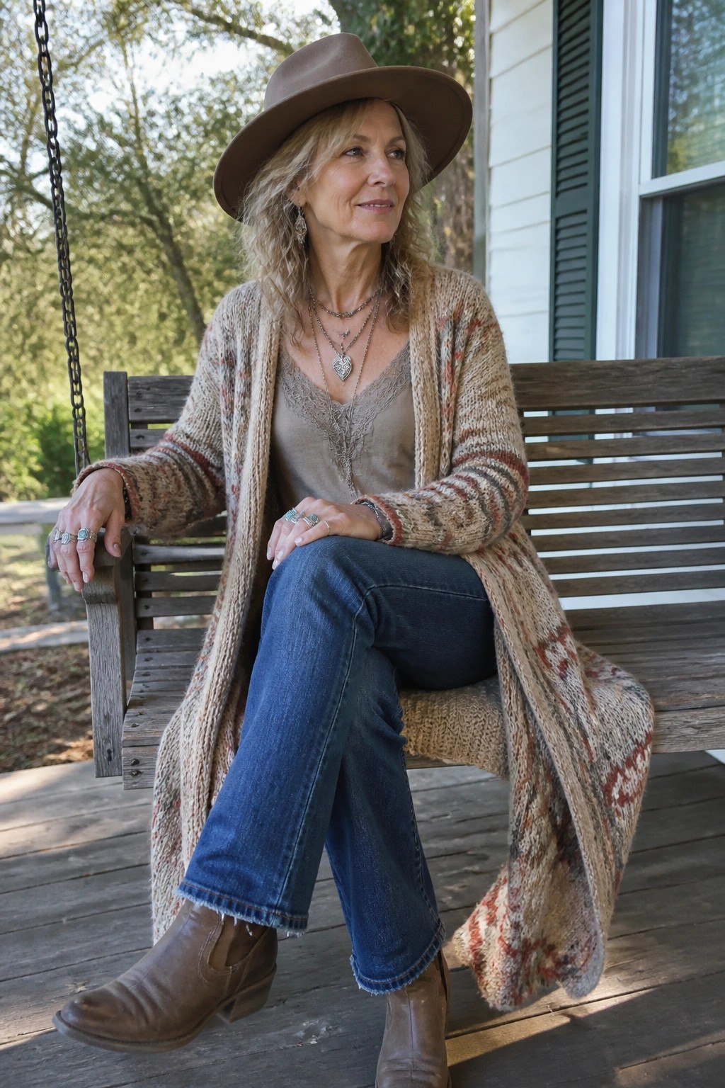 Woman over 50 wearing a long patterned knit cardigan open over a lace camisole, blue jeans, brown boots, wide brown hat, and layered necklaces while seated on a wooden bench.