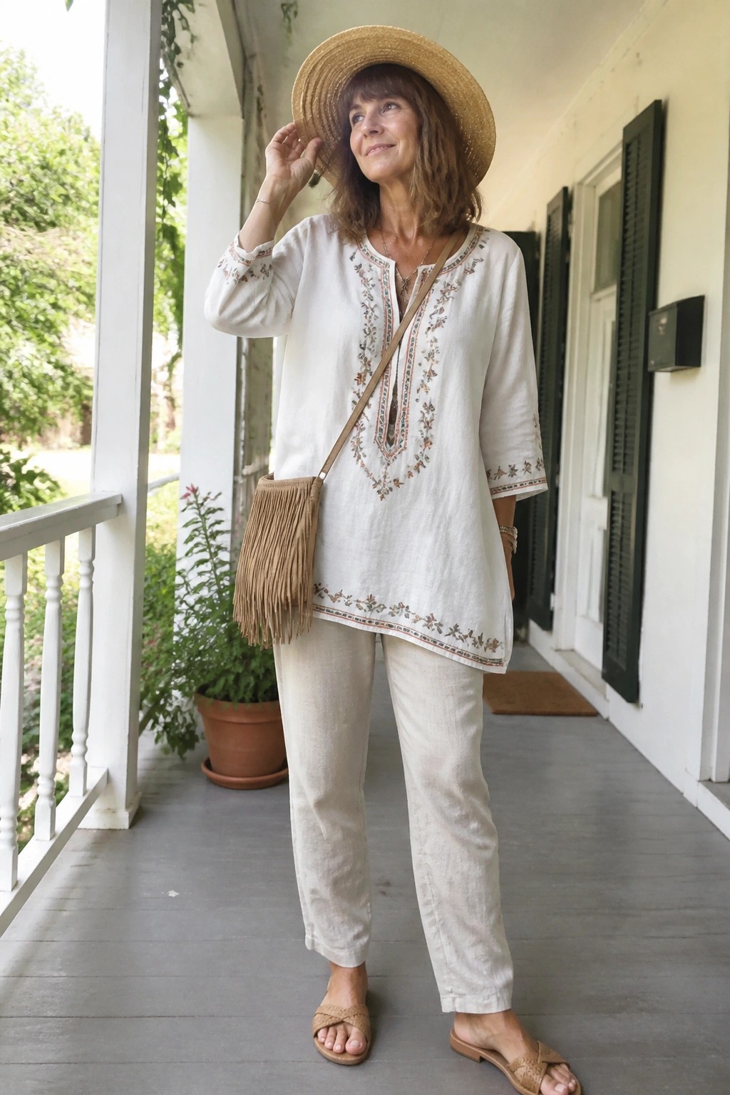 Woman in white embroidered tunic and beige pants with straw hat on porch.