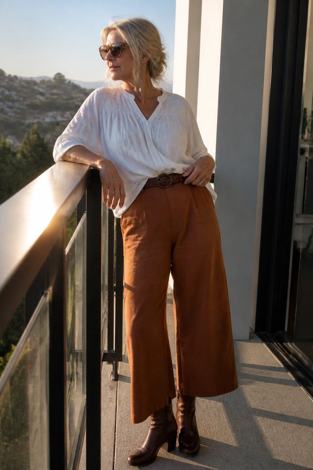 Woman in white blouse and brown wide-leg pants on sunny balcony railing