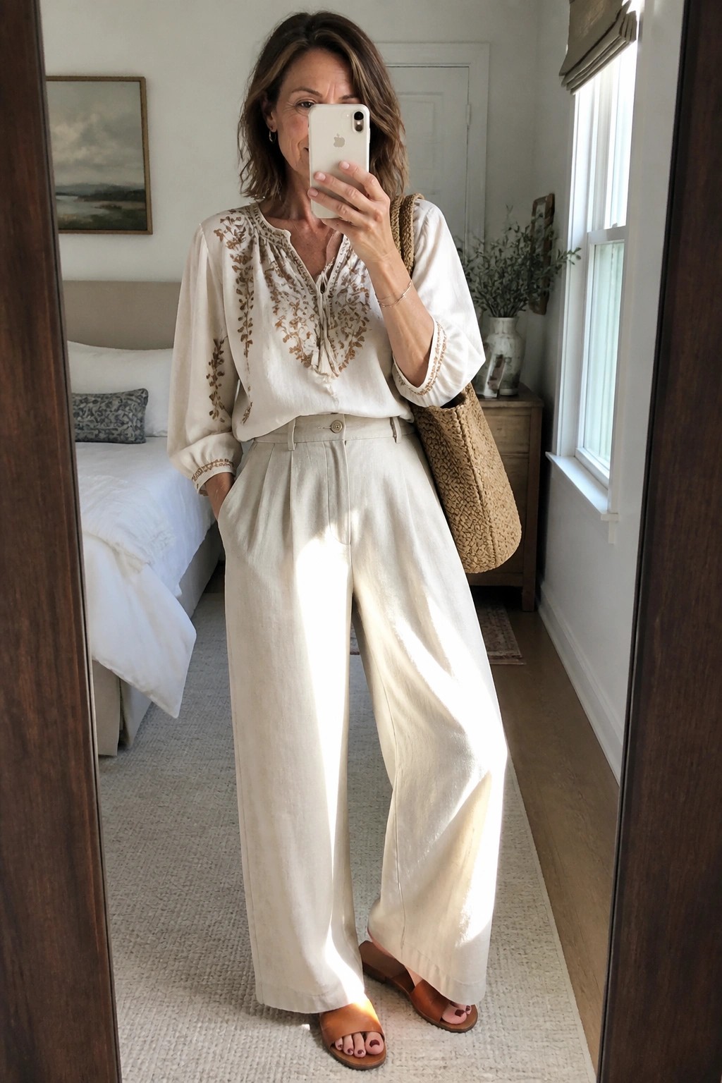 Woman in cream embroidered blouse tucked into matching wide leg trousers with brown slide sandals and woven shoulder bag for a relaxed boho look