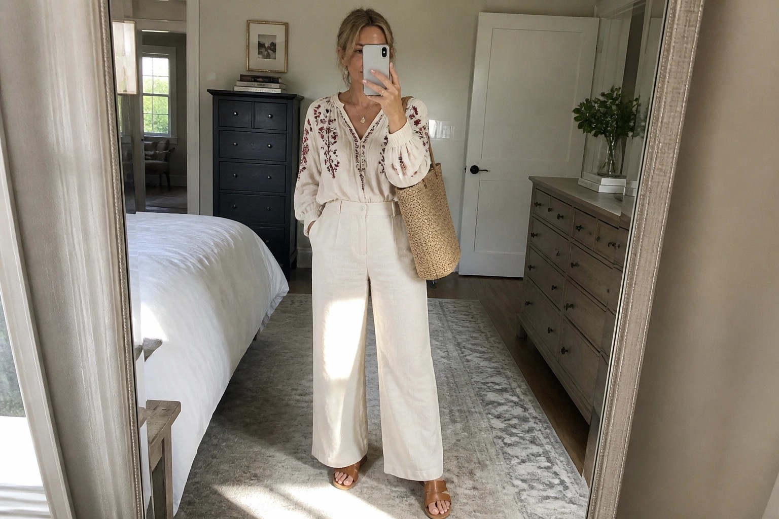 Woman in cream embroidered blouse tucked into matching wide leg trousers with brown slide sandals and woven shoulder bag for a relaxed boho look