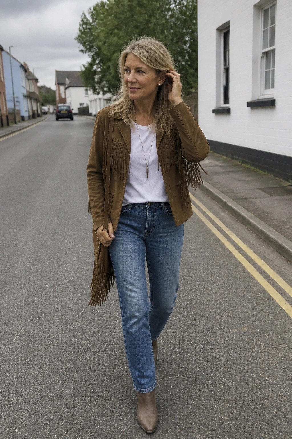 Woman in fringed brown jacket and jeans walking on suburban street