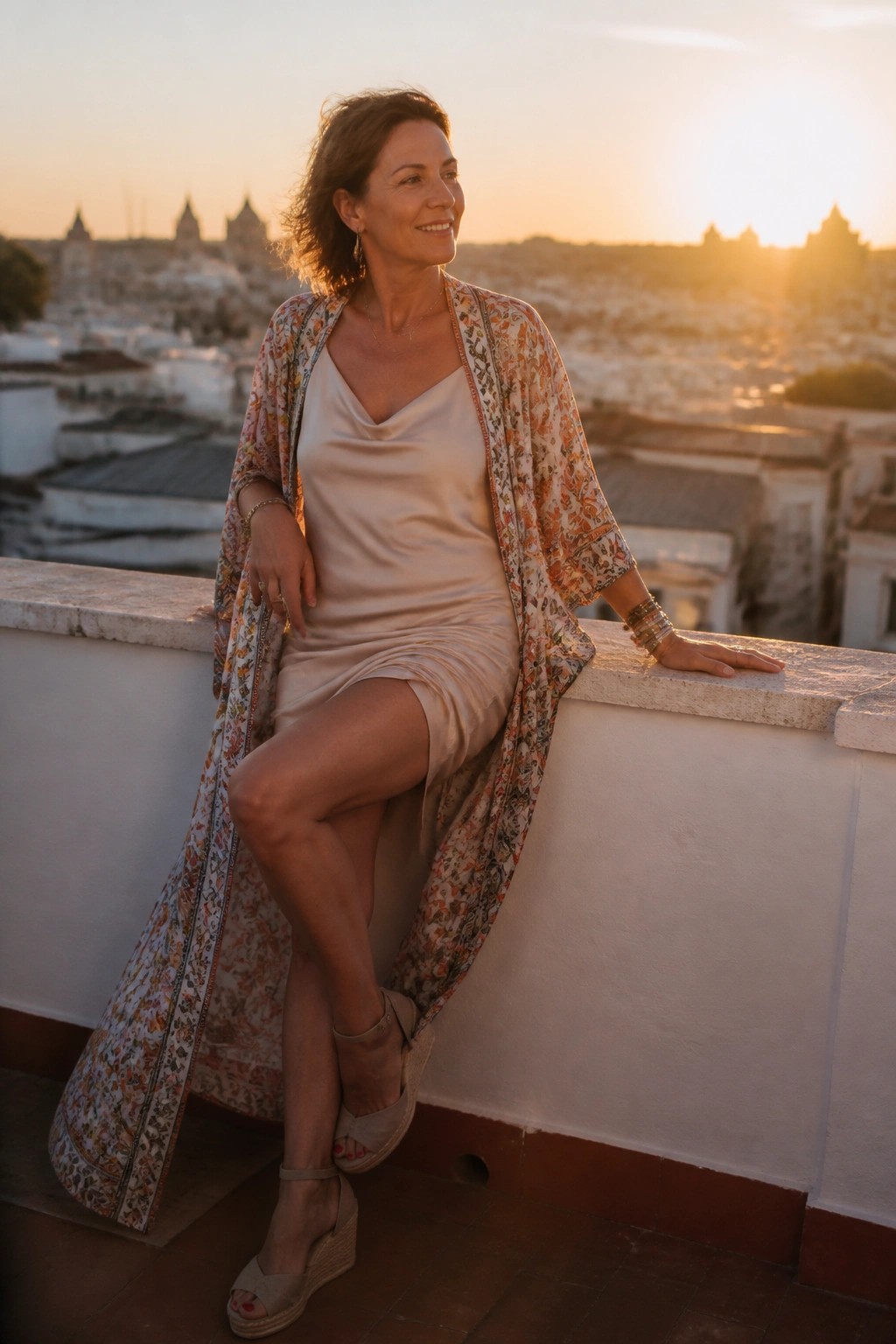 Woman in beige satin slip dress layered under long open floral kimono with wedge sandals and stacked bracelets.