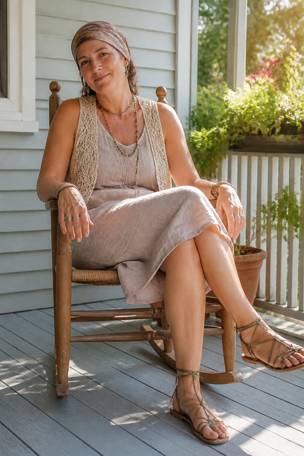 Woman in beige dress and lace vest on wooden rocking chair on porch