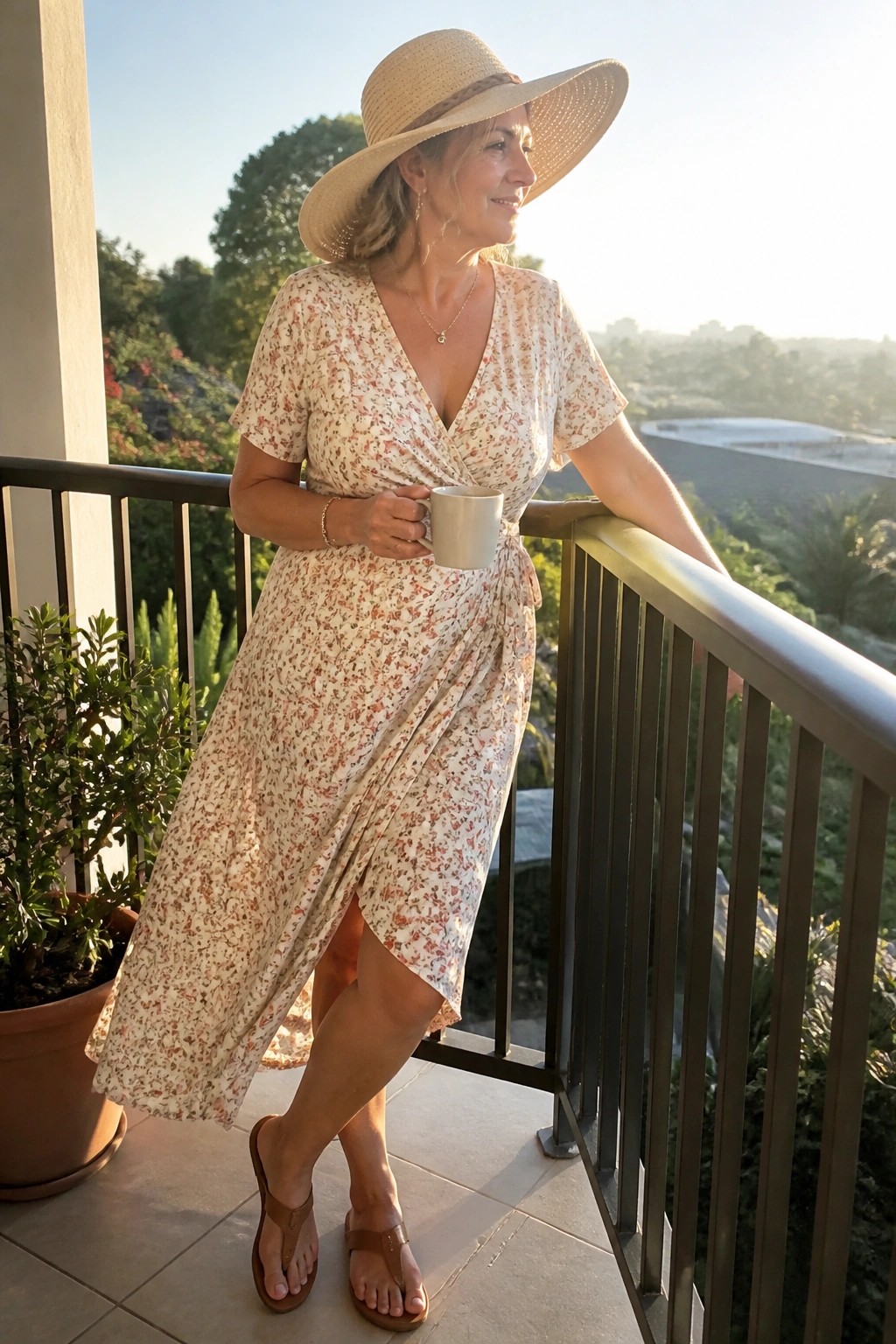 Woman in floral wrap dress and straw hat holding mug on sunny balcony