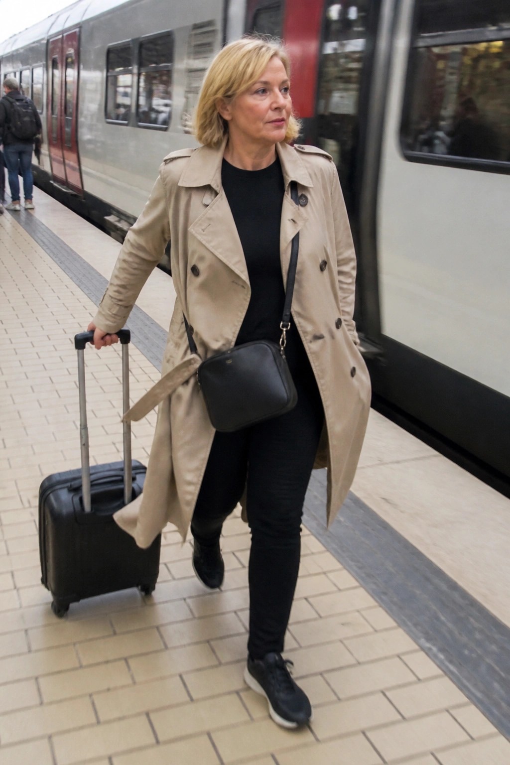 Blonde woman in beige trench coat pulling black suitcase on train platform