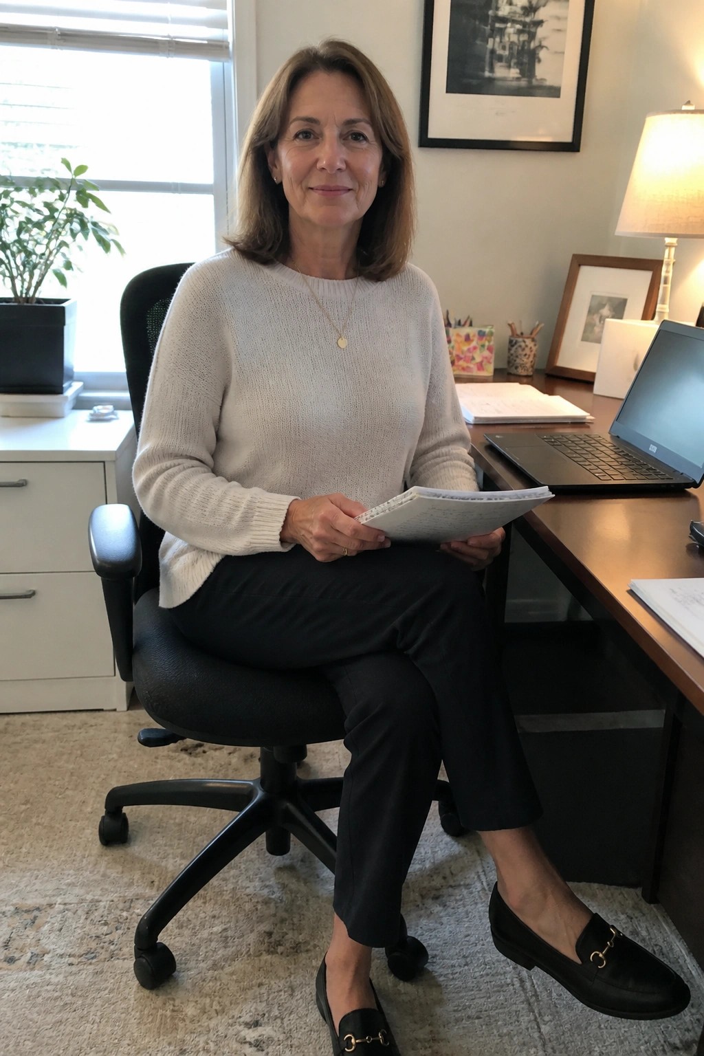 Woman in cream sweater seated in office chair holding papers near laptop on desk