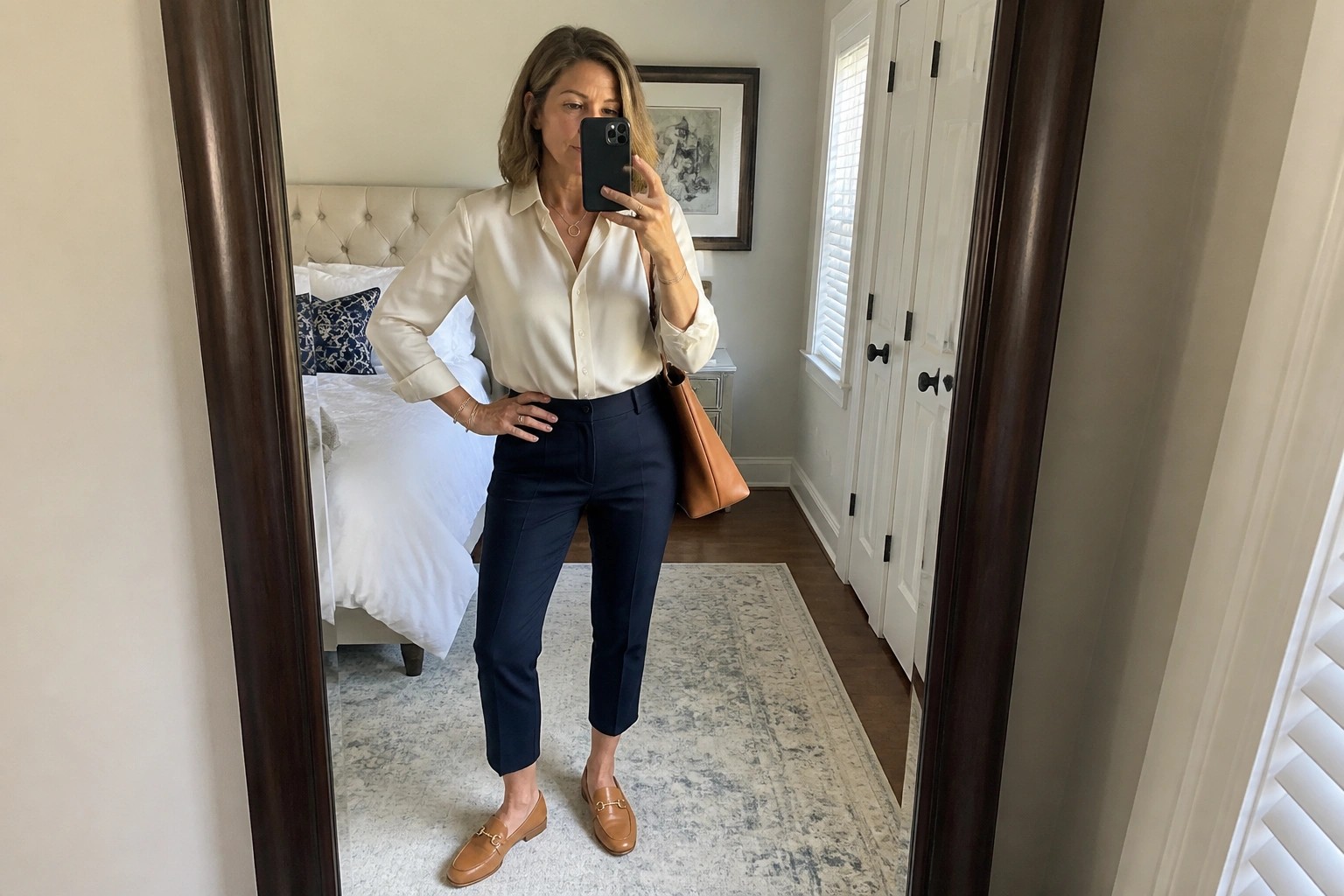 Woman in cream blouse and navy pants taking mirror selfie in bedroom with brown loafers
