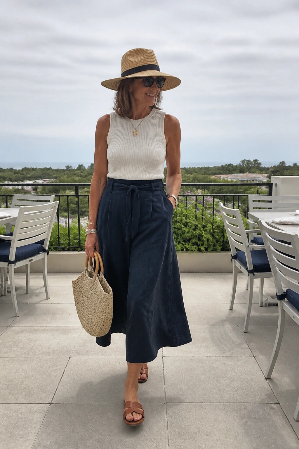 Woman in straw hat, white top, navy wide-leg pants holding woven bag on patio