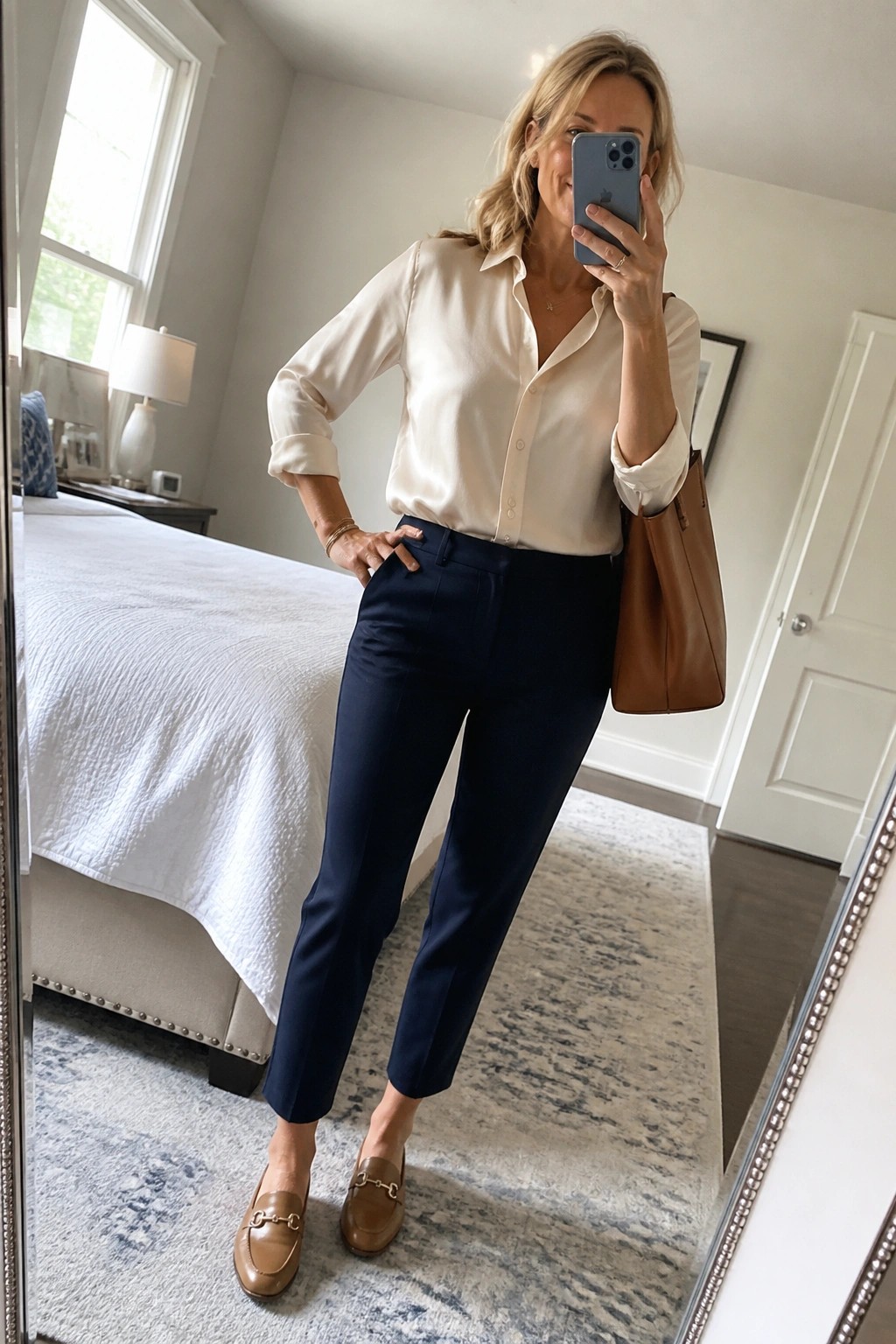 Woman in cream blouse and navy pants taking mirror selfie in bedroom with brown loafers