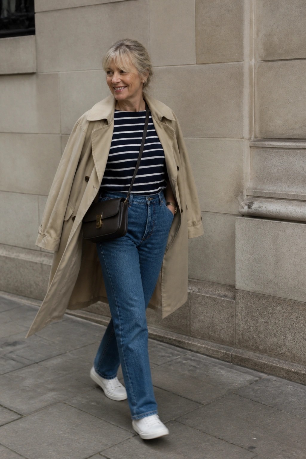 Smiling woman in striped top, beige trench coat, blue jeans, and white sneakers outdoors