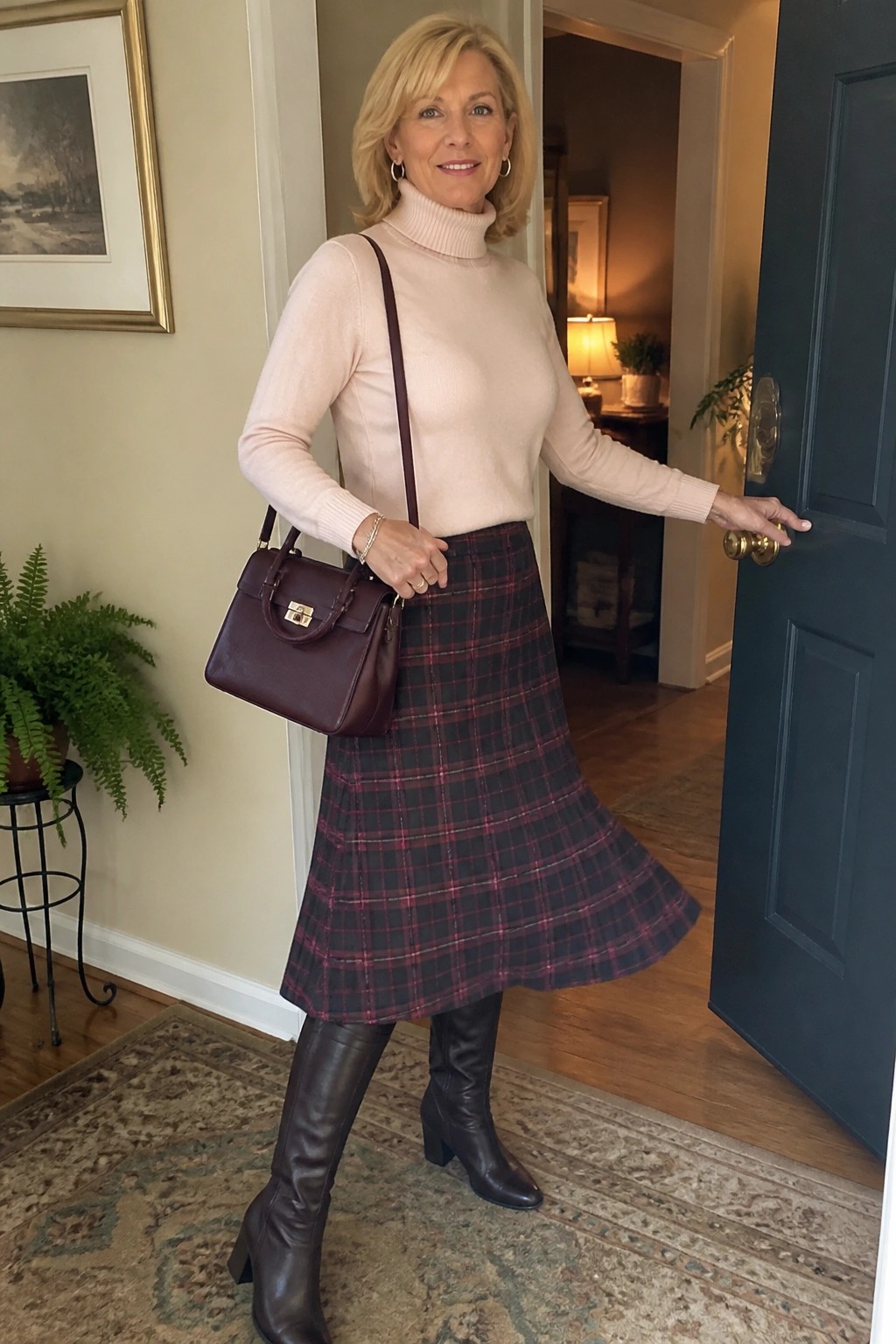 Woman in pink turtleneck, plaid skirt, and brown boots holding blue door with handbag