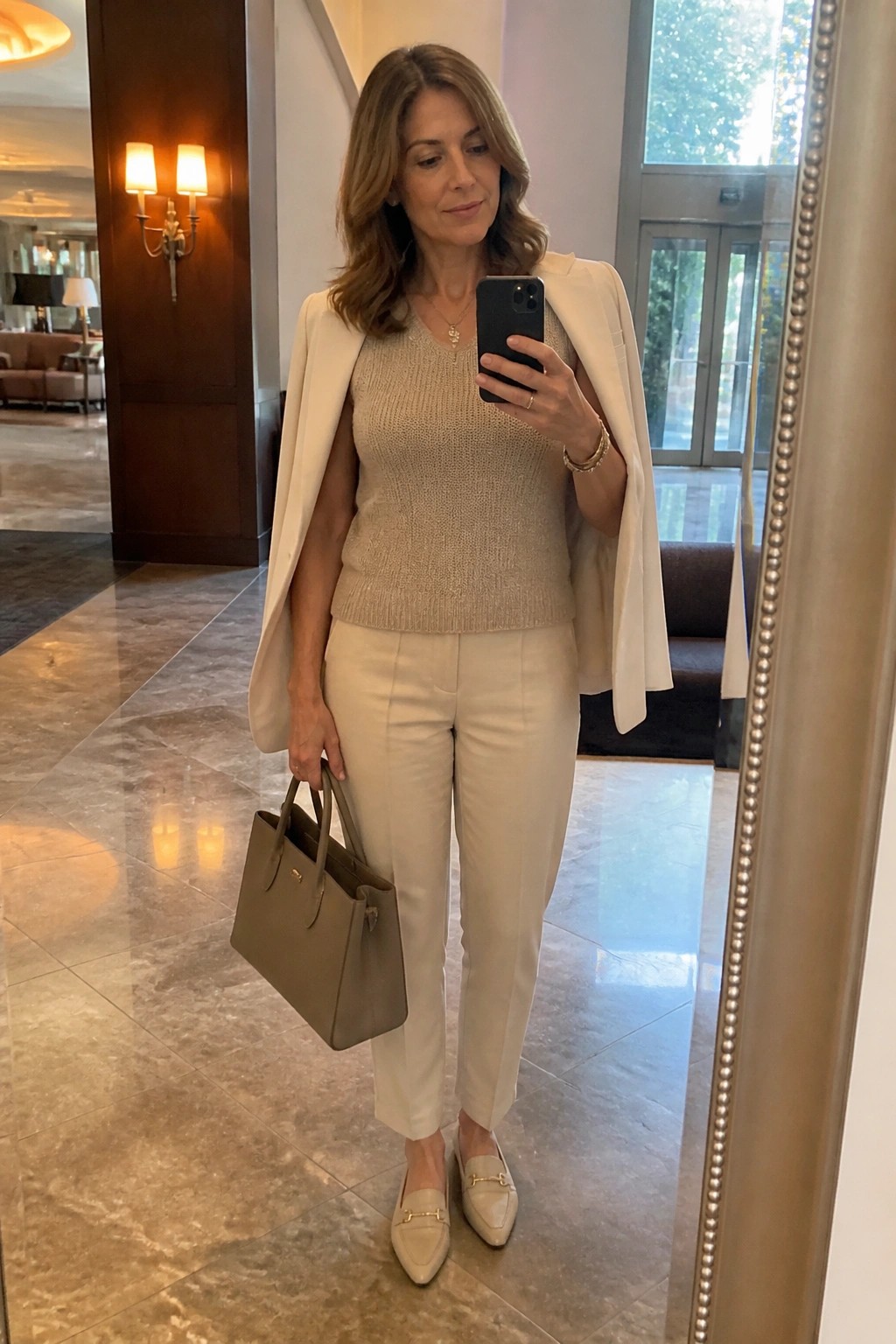 Woman in beige knit top and white pants taking mirror selfie with handbag