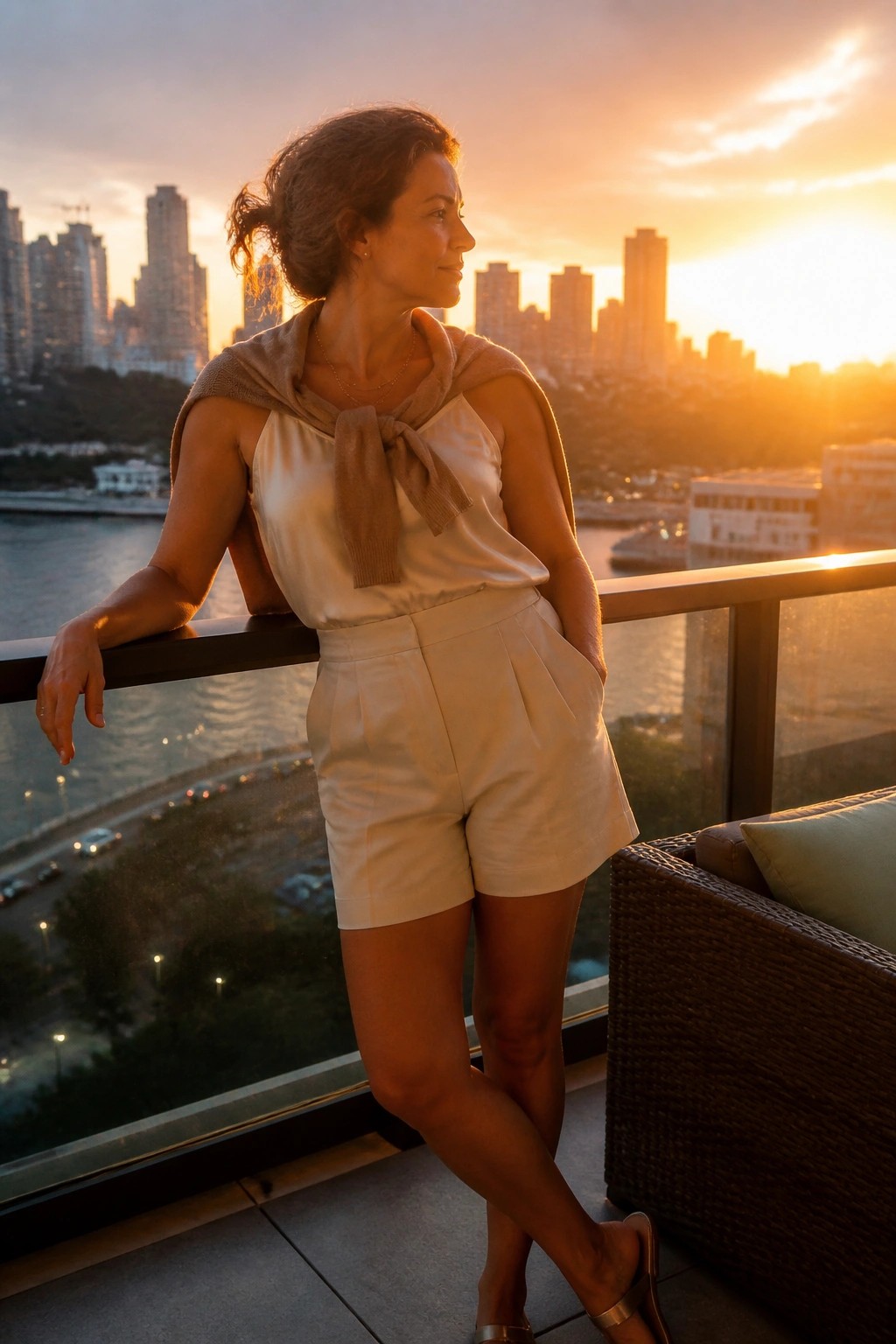 Woman in white shorts and top with beige scarf on sunset city balcony.