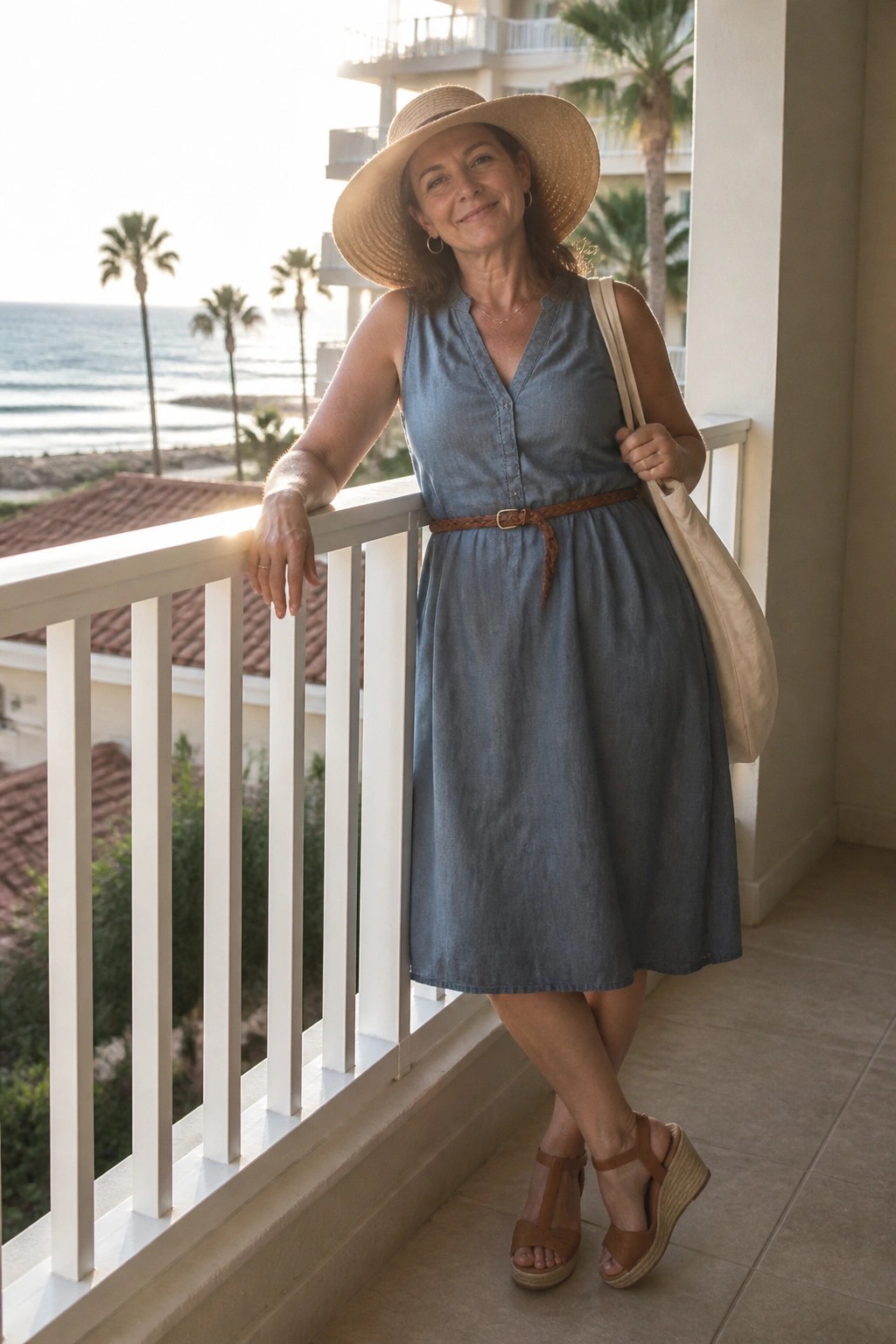 Woman over 50 wearing a blue sleeveless chambray midi dress belted at the waist with brown braided leather, brown wedge sandals, straw hat, and beige canvas tote bag.